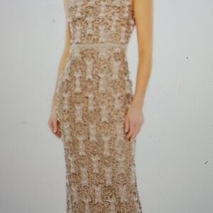 Mac Duggal Gold Tan One Shoulder Midi Gown